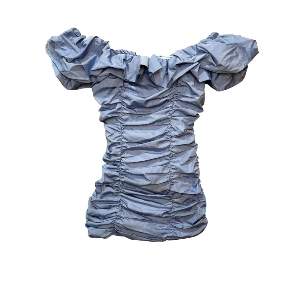Glamorous NWT Urban Outfitters Blue Ruched Off Shoulder Puff Sleeve Mini Dress S